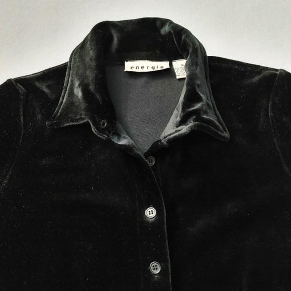 ENERGIE Black Velvet Shirt Stretchable Short Sleeves Button Front Collar Size M - Picture 5 of 13